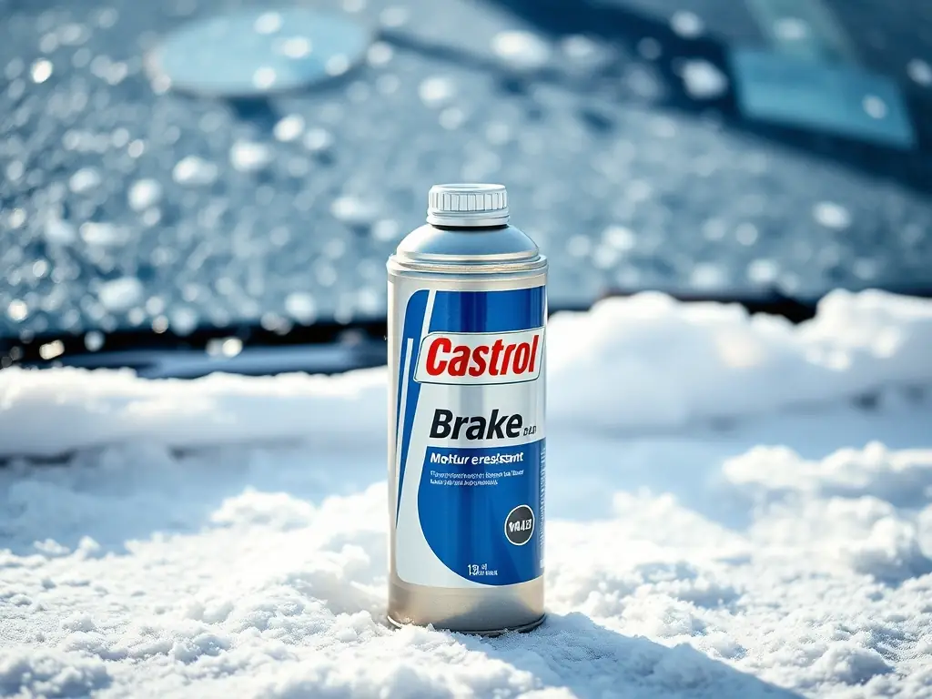 A can of Castrol Brake Fluid with a focus on its moisture resistance properties, placed against a backdrop of a snowy car windshield.