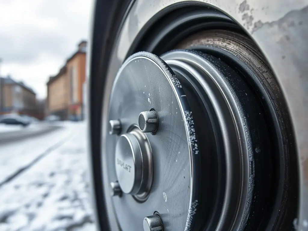 A close-up shot of TRW Brake Rotors covered in light frost, emphasizing their durability and performance in cold weather conditions. The background shows a snowy Warsaw street.