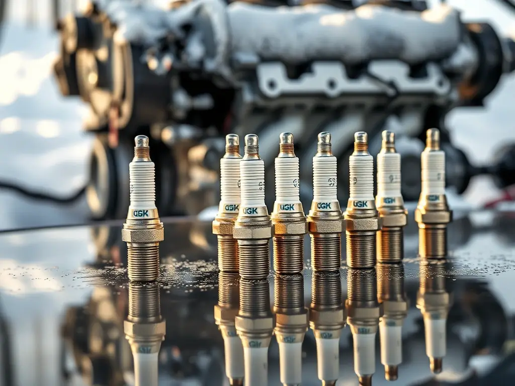 A set of NGK Spark Plugs with a focus on their reliable ignition in cold weather, displayed against a backdrop of a snow-covered engine.